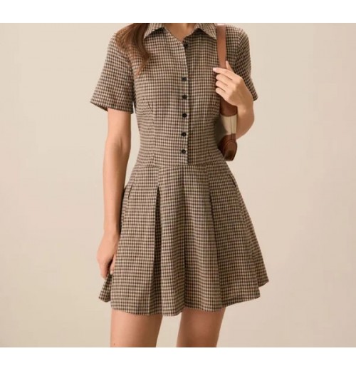 Women’s Brown Plaid Lapel Pleated Mini Dress Women’s Brown Plaid Lapel Pleated Mini Dress