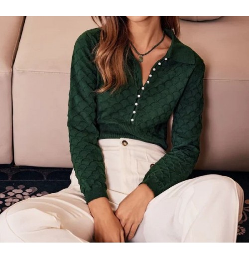 The Dark Green Lapel Ribbed Textured Knit Top The Dark Green Lapel Ribbed Textured Knit Top