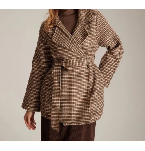 The Khaki Lapel Plaid Lace Up Belted Coat The Khaki Lapel Plaid Lace Up Belted Coat