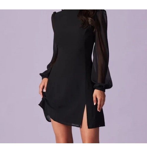 The Black Stand Collar Sheer Slit Mini Dress The Black Stand Collar Sheer Slit Mini Dress