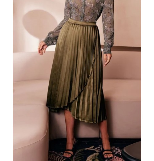 The Green Pleated Tulip Hem Satin Midi Skirt The Green Pleated Tulip Hem Satin Midi Skirt
